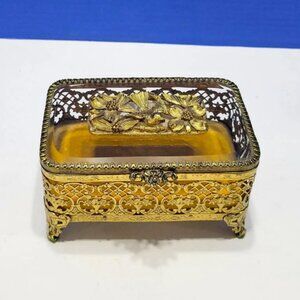 Vintage Matson Gold Ormolu Jewelry Box with Dogwood Flowers Glass Lid